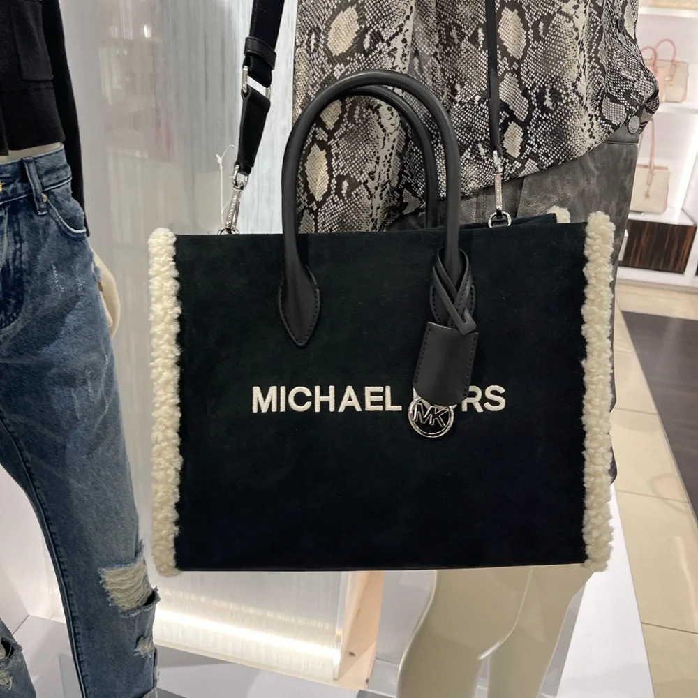 MICHAEL KORS Mirella Medium Suede and Faux Shearling Tote Bag Black  NWT